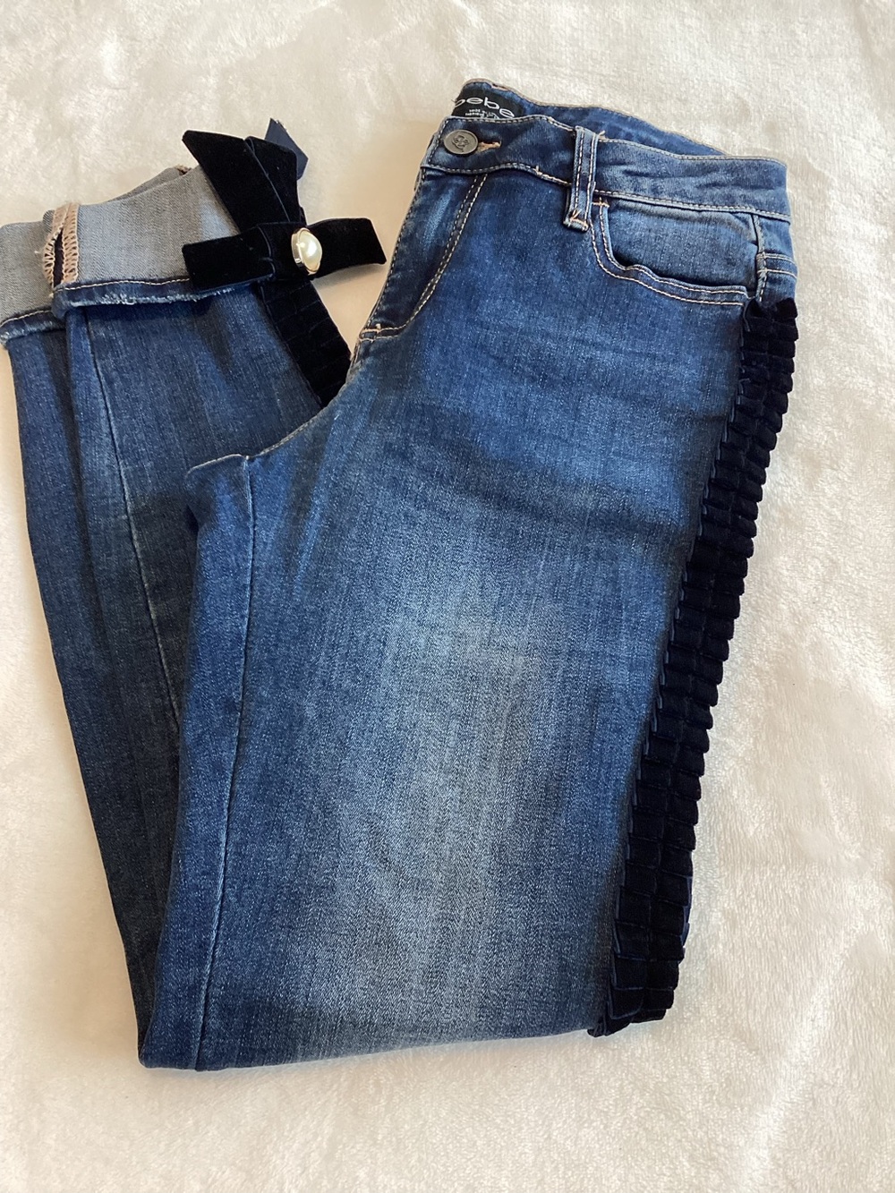 Bebe Textured Velvet Side Stripe Jeans Dolce Vita Skinny New 26 Dark Blue - Picture 14 of 14